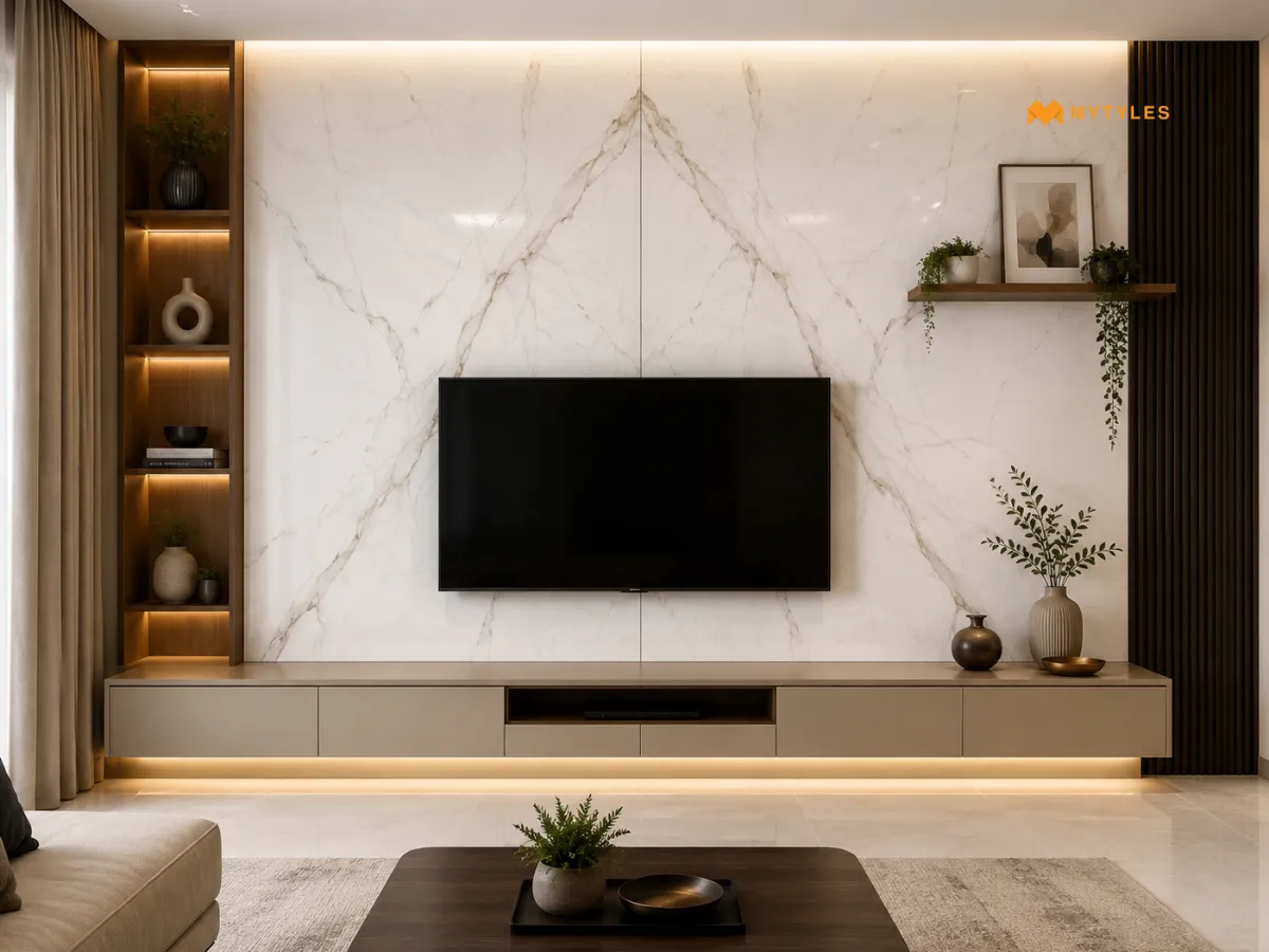 Bookmatched Statuario Tiles for a Statement TV-Unit Wall